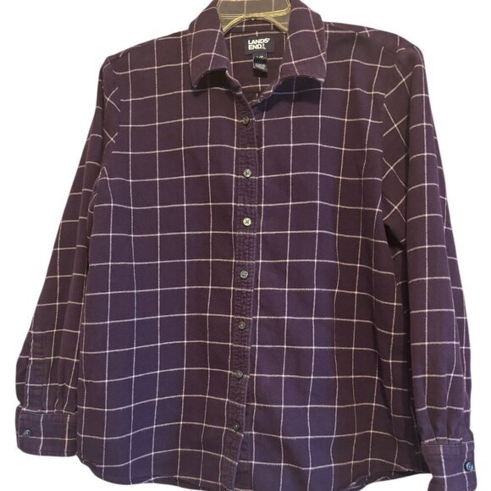 Lands End Women's Purple Casual Button Flannel Shirt Large L/P
